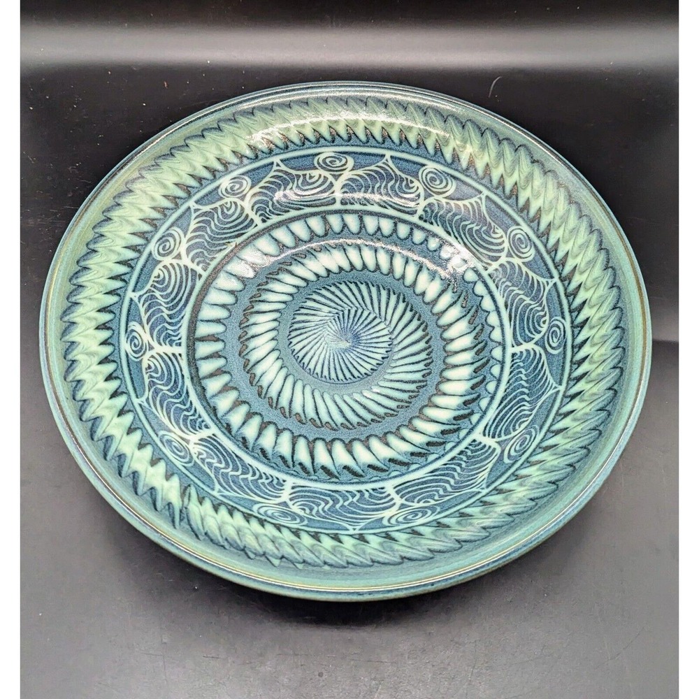 Vintage Studio Art Pottery Green Spiral Console Fruit Bowl Signed JB 12.5"‎
